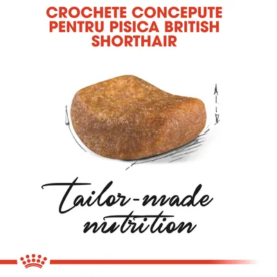 Crochete concepute pentru pisica British Shorthair, text vizibil: tailor-made nutrition. Imagine cu o croșetă de hrană uscată pentru pisici.