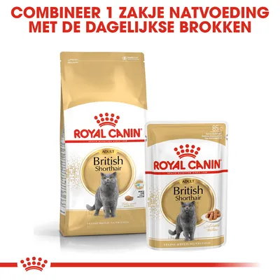 Royal Canin Adult British Shorthair droog- en natvoer. Tekst: Combineer 1 zakje natvoeding met de dagelijkse brokken.