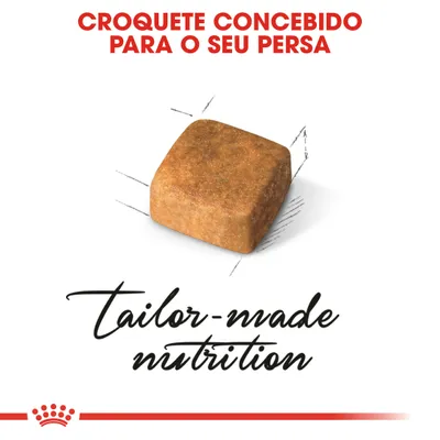 Texto: Croquete concebido para o seu Persa. Imagem de um croquete quadrado. Texto em inglês: tailor-made nutrition.