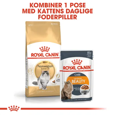 Royal Canin Norwegian Forest Cat tørfoder og Royal Canin Intense Beauty vådfoder. Tekst: Kombiner 1 pose med kattens daglige foderpiller.