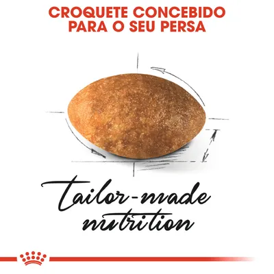 Texto: Croquete concebido para o seu Persa. Imagem de um croquete. Texto em inglês: tailor-made nutrition.