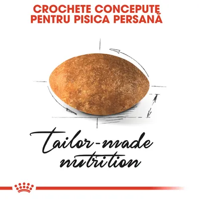 CROCHETE CONCEPUTE PENTRU PISICA PERSANĂ. Imagine cu o croșetă și textul în engleză: tailor-made nutrition.