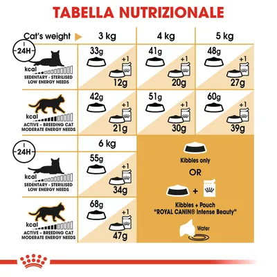Tabella nutrizionale Royal Canin: dosi giornaliere di crocchette e bustine per gatti sedentari o attivi da 3 a 6 kg. Include opzione solo crocchette o crocchette più bustina Intense Beauty.