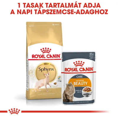 Royal Canin Sphynx száraz macskatáp és Royal Canin Intense Beauty Care 85 g nedves eledel csomagolás. Felirat: 1 tasak tartalmát adja a napi tápszemcse-adaghoz.