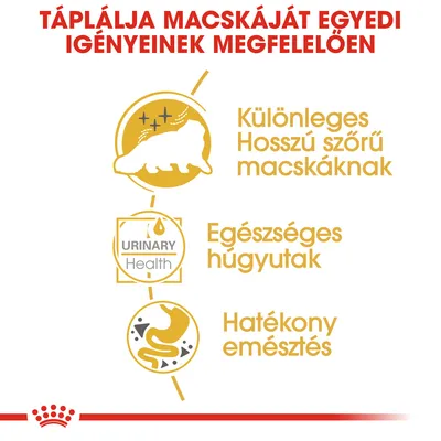 Táplálja macskáját egyedi igényeinek megfelelően. Különleges hosszú szőrű macskáknak, egészséges húgyutak, hatékony emésztés. URINARY Health felirat is látható.