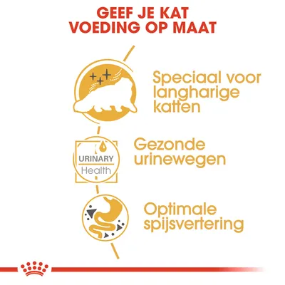 Geef je kat voeding op maat: speciaal voor langharige katten, gezonde urinewegen (URINARY Health), optimale spijsvertering. Drie pictogrammen met bijbehorende tekst.