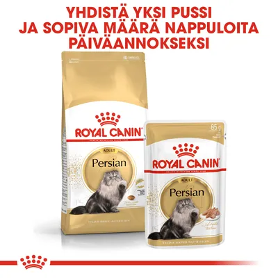 ROYAL CANIN Persian Adult -kuivaruoka ja märkäruokapussi. Teksti: Yhdistä yksi pussi ja sopiva määrä nappuloita päiväannokseksi.