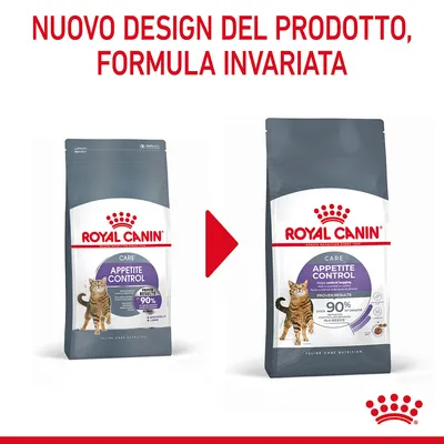 Nuovo design del prodotto, formula invariata. Due confezioni Royal Canin Appetite Control per gatti mostrate affiancate con freccia rossa tra loro.