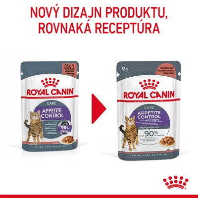 Royal Canin Appetite Control pre mačky, porovnanie starého a nového dizajnu obalu. Text: Nový dizajn produktu, rovnaká receptúra.