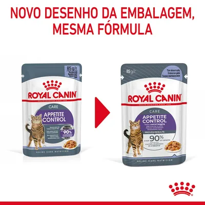 Royal Canin Appetite Control Care para gatos, 85 g. Imagem mostra mudança de design da embalagem com o texto: Novo desenho da embalagem, mesma fórmula.
