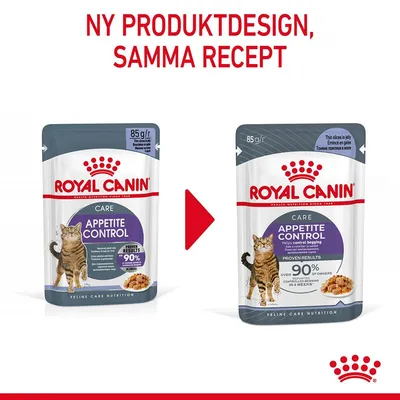 Royal Canin Care Appetite Control våtfoder för katt, gammal och ny förpackning visas. Text: Ny produktdesign, samma recept. 85 g/förpackning.