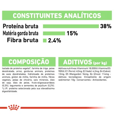 Constituintes analíticos: proteína bruta 38 %, matéria gorda bruta 15 %, fibra bruta 2,4 %. Composição e aditivos detalhados, incluindo vitaminas, minerais e ingredientes principais.