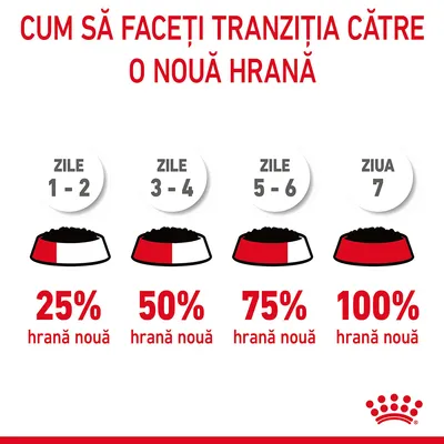 Instrucțiuni tranziție hrană: zile 1–2, 25% hrană nouă; zile 3–4, 50%; zile 5–6, 75%; ziua 7, 100%. Text: Cum să faceți tranziția către o nouă hrană. Logo Royal Canin.