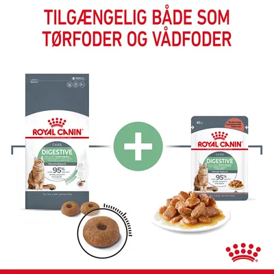 Royal Canin Care Digestive kattefoder, tilgængelig som tørfoder og vådfoder. Synlige poser med tekst: 95 % stool quality in 10 days. Billede af tørfoder og vådfoder på tallerken.