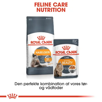 Royal Canin Hair & Skin tørfoder og Intense Beauty vådfoder til kat. Tekst: Feline Care Nutrition, Den perfekte kombination af vores tør- og vådfoder.