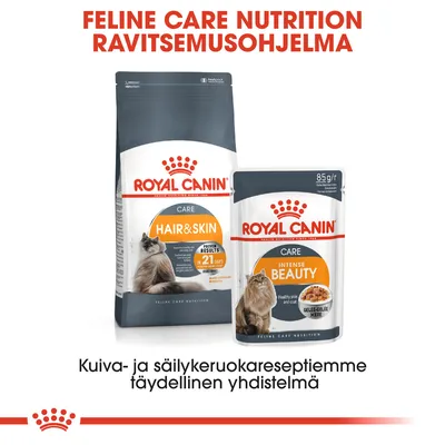 Royal Canin Hair & Skin -kuivaruoka ja Intense Beauty -säilykeruoka kissoille. Teksti: Feline Care Nutrition Ravitsemusohjelma, täydellinen yhdistelmä.
