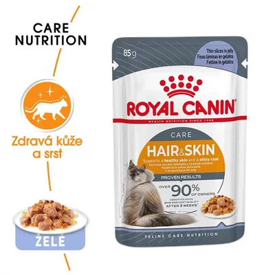 ROYAL CANIN Hair & Skin 85g kapsička pro kočky, želé. Text: Zdravá kůže a srst, over 90% of owners observed good skin and coat quality after 3 weeks.