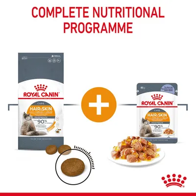 Royal Canin Hair & Skin dry cat food bag and wet pouch, both showing '90% proven results', with kibble pieces and a plate of wet food. Text: Complete Nutritional Programme.