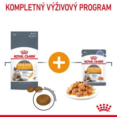 Royal Canin Hair & Skin suché a mokré krmivo pre mačky, balenie granúl a kapsička s kúskami v omáčke, text: Kompletný výživový program, 90 % spokojných majiteľov po 3 týždňoch.