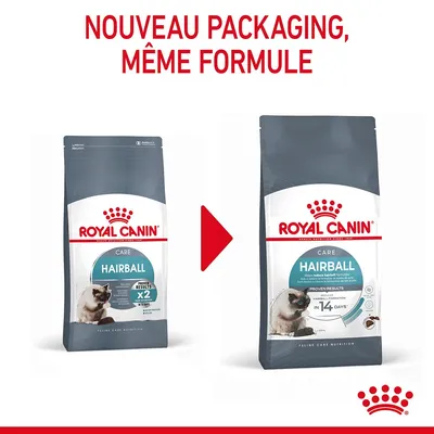 ROYAL CANIN CARE HAIRBALL – ancien et nouveau packaging affichés, texte : NOUVEAU PACKAGING, MÊME FORMULE. Sacs de croquettes pour chat avec un chat illustré sur chaque emballage.