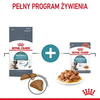 Royal Canin Hairball Care: opakowanie suchej karmy, saszetka mokrej karmy 85 g, kawałki karmy i porcja w sosie. Napis: Pełny program żywienia.