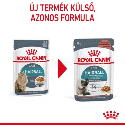 Royal Canin Hairball macskaeledel 85 g: balra régi, jobbra új csomagolás. Felül: Új termék külső, azonos formula felirat.