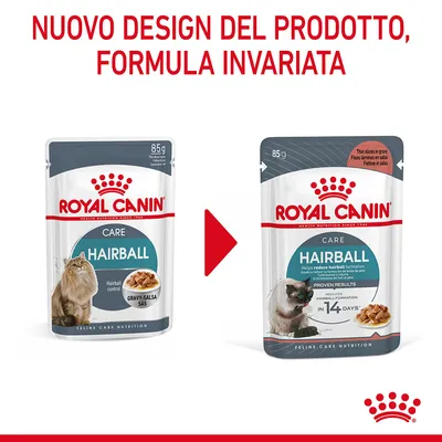 Nuovo design del prodotto, formula invariata. Due confezioni Royal Canin Hairball 85 g per gatti mostrate con freccia tra vecchio e nuovo packaging.