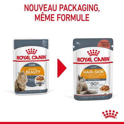 Comparaison de deux sachets Royal Canin Care 85 g pour chat : Intense Beauty à gauche, Hair & Skin à droite. Texte en haut : Nouveau packaging, même formule.