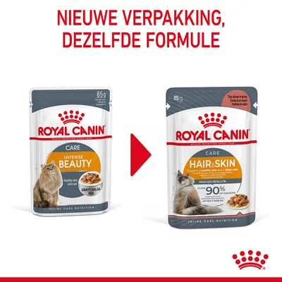 Royal Canin Care kattenvoer 85g: oude verpakking 'Intense Beauty', nieuwe verpakking 'Hair & Skin'. Tekst bovenaan: Nieuwe verpakking, dezelfde formule.