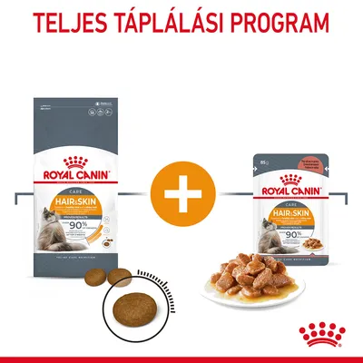 Royal Canin Hair & Skin száraz és nedves macskaeledel csomagolás, tálban szószos falatok, felirat: TELJES TÁPLÁLÁSI PROGRAM, 90% eredmény 3 hét után