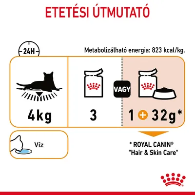 Etetési útmutató: 4 kg-os macska napi adagja 3 tasak vagy 1 tasak + 32 g száraztáp. Metabolizálható energia: 823 kcal/kg. Víz biztosítása szükséges. Royal Canin Hair & Skin Care.