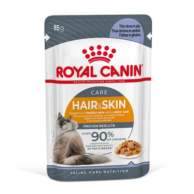 Sachet 85 g Royal Canin Hair & Skin Care pour chat, mentionne « over 90% of owners observed good skin and coat quality after 3 weeks », tranches fines en gelée, image d’un chat à poil long.