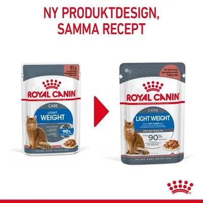 Royal Canin Light Weight Care våtfoder för katt, 85 g. Bild visar gammal och ny förpackning. Text: Ny produktdesign, samma recept.