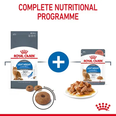 Royal Canin Light Weight Care dry cat food bag and wet food pouch, both with visible text '90% proven results', plus images of kibble and chunks in gravy. Complete nutritional programme.