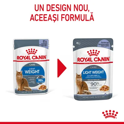 Plicuri Royal Canin Light Weight Care 85g pentru pisici, vechiul și noul design. Text sus: Un design nou, aceeași formulă.