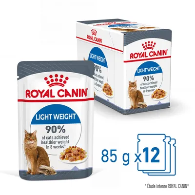 ROYAL CANIN LIGHT WEIGHT, sachet 85 g, lot de 12. Texte visible : 90% of cats achieved healthier weight in 8 weeks*. Illustration d’un chat et d’une assiette de nourriture.