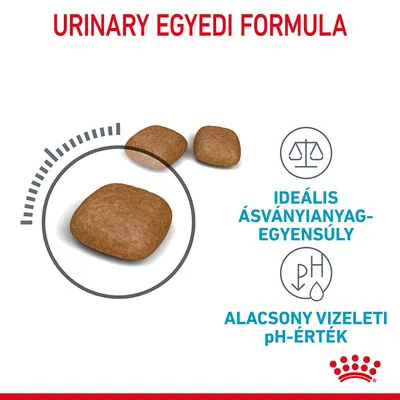 URINARY EGYEDI FORMULA, ideális ásványianyag-egyensúly, alacsony vizeleti pH-érték. Három barna táp szemcse látható.