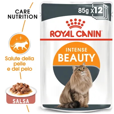 Royal Canin Intense Beauty 85 g x12, salsa, salute della pelle e del pelo, Care Nutrition. Immagine di un gatto a pelo lungo sulla confezione.