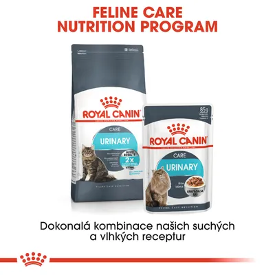 ROYAL CANIN CARE URINARY suché a vlhké krmivo pro kočky, balení 85 g. Text: Dokonalá kombinace našich suchých a vlhkých receptur.