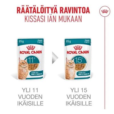 Royal Canin märkäruoka kissoille yli 11-vuotiaille ja yli 15-vuotiaille, 85 g pussi, Senior-kissat yli 11 vuotta tai yli 15 vuotta. Royal Canin märkäruoka kissoille yli 11-vuotiaille ja yli 15-vuotiaille, 85 g pussi, Senior-kissat yli 11 vuotta tai yli 15 vuotta.