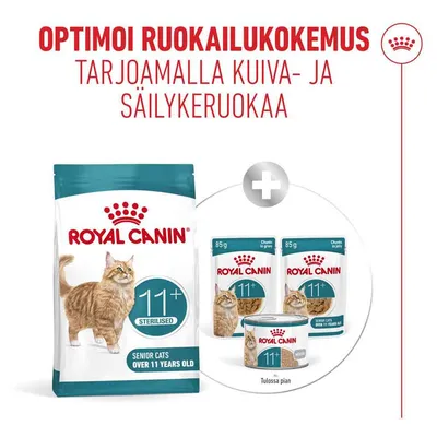 Royal Canin 11+ Steriloitu kuiva- ja märkäruoka yli 11-vuotiaille kissoille, pakkauksissa kuvattuna kissa, teksti suomeksi.