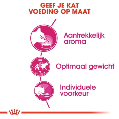 Geef je kat voeding op maat: aantrekkelijk aroma, optimaal gewicht, individuele voorkeur. Drie pictogrammen met kat en voerbak, katten met KG, kat etend.