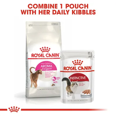 Text: COMBINE 1 POUCH WITH HER DAILY KIBBLES. Royal Canin Feline Preference Aroma Exigent dry food bag and Royal Canin Instinctive 85g wet food pouch, both with cat images.