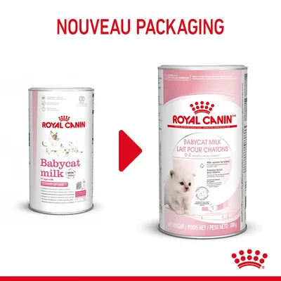 Nouveau packaging Royal Canin Babycat Milk, lait pour chatons 0–2 mois, ancienne et nouvelle boîte visibles avec texte bilingue français-anglais sur l’emballage.