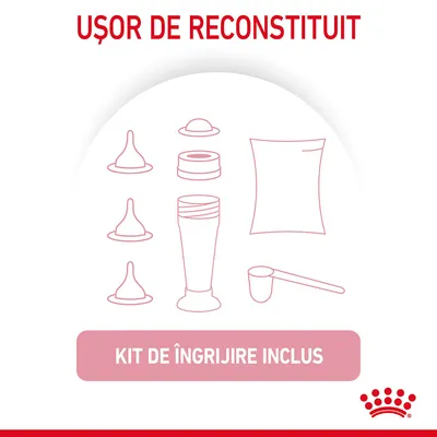 Text: Ușor de reconstituit. Kit de îngrijire inclus. Ilustrație cu accesorii pentru preparare și hrănire, inclusiv pungi, măsură, vârfuri și recipient.