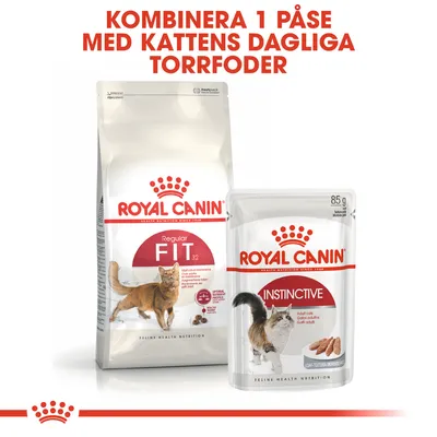 Royal Canin Regular Fit 32 torrfoder och Royal Canin Instinctive våtfoder 85 g. Text: Kombinera 1 påse med kattens dagliga torrfoder.