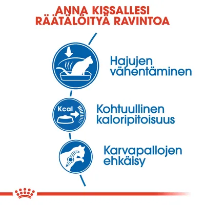 Anna kissallesi räätälöityä ravintoa. Hajujen vähentäminen, kohtuullinen kaloripitoisuus, karvapallojen ehkäisy.