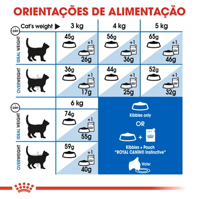 Tabela de orientações de alimentação para gatos Royal Canin: doses diárias em gramas para pesos de 3 a 6 kg, diferenciando peso ideal e excesso de peso, com opção de ração seca ou mista.