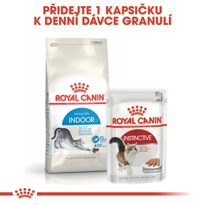 ROYAL CANIN Home Life Indoor 27 granule a ROYAL CANIN Instinctive kapsička 85 g. Text: Přidejte 1 kapsičku k denní dávce granulí.