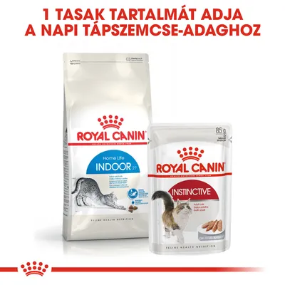 1 tasak tartalmát adja a napi tápszemcse-adaghoz. Royal Canin Home Life Indoor 27 száraztáp és Royal Canin Instinctive 85 g nedves eledel csomagolása látható.